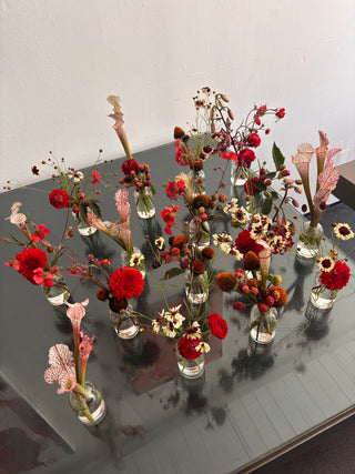 Bud vases with red flowers, berries and wildflowers for events in los angeles by wildstems