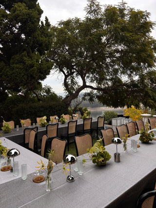 Outdoor seating area with chairs and tables under a large tree