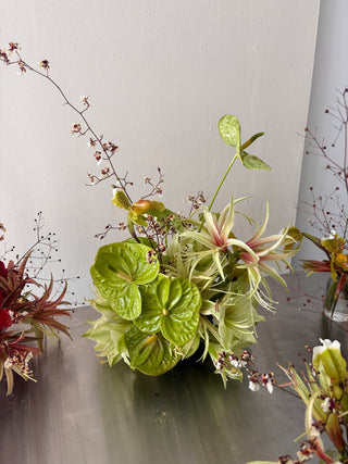 modern and luxurious event florals with green anthuriums and orchids